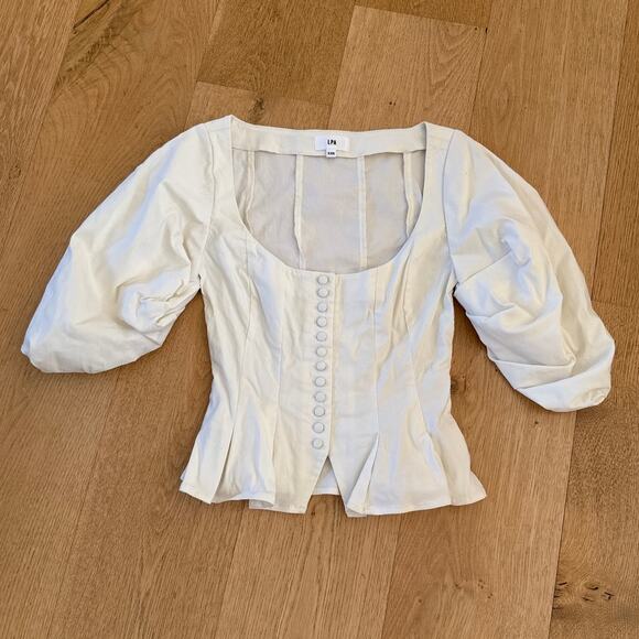 LPA - Sarita Puff Sleeve Peplum Blouse in Coconut Milk Cream - Picture 1 of 5